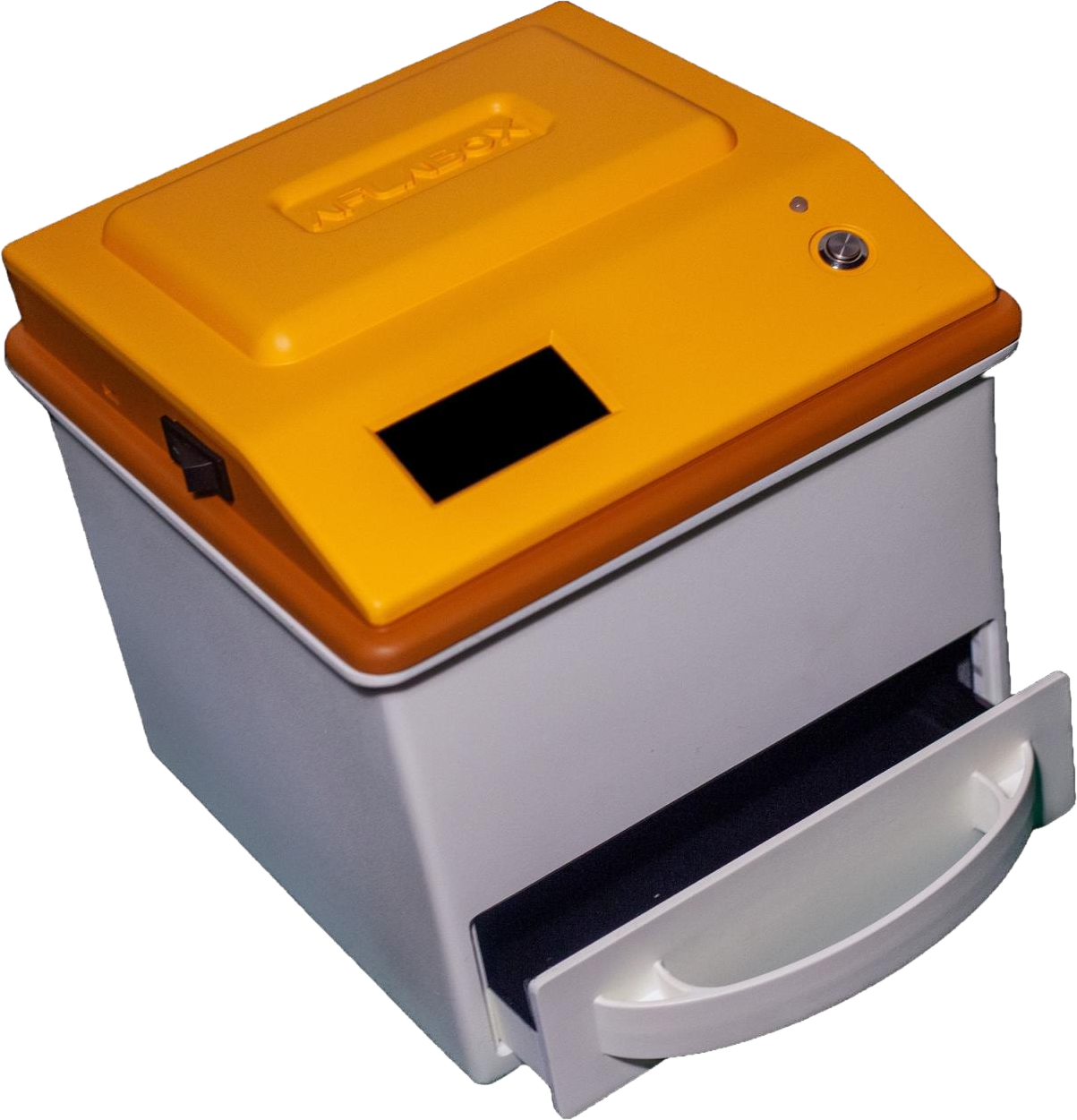 An earlier Aflabox prototype: a grey box with an amber lid and an open sample drawer.